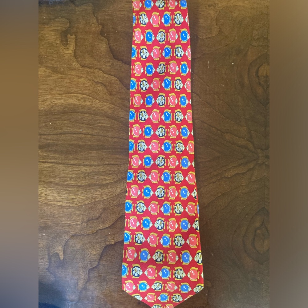 Vintage red neck tie with puffer fish